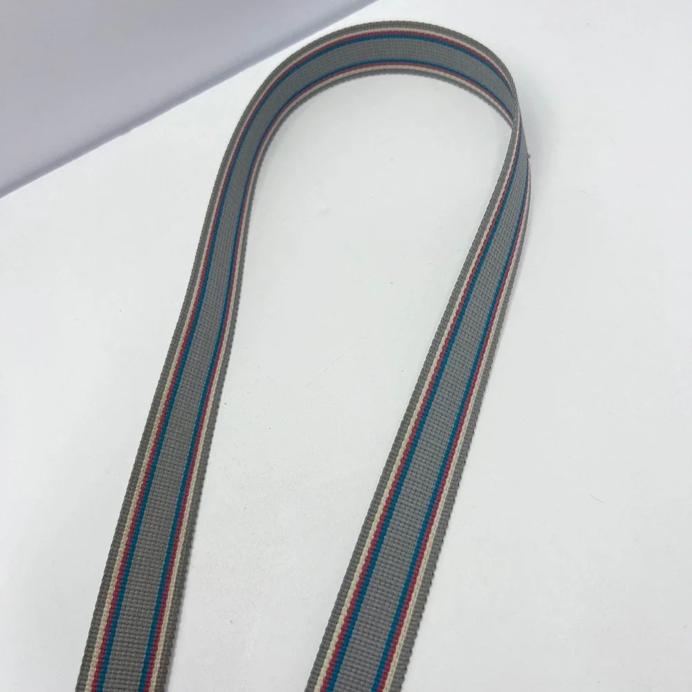 Vintage Gray Striped Webbing‎ Belt Unisex 38/39 Leather Trim Brass Buckle Preppy
